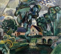 an abstract painting with trees and buildings in the background, including a bridge over a body of water