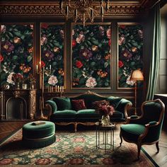 an ornate living room with green velvet furniture and floral wallpapers on the walls