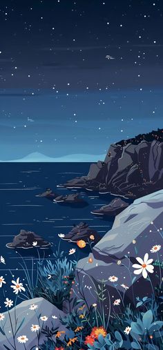 the night sky is full of stars and flowers by the water with rocks in the foreground