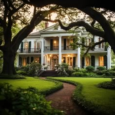 a large white house surrounded by lush green trees