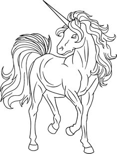 a unicorn with a long mane standing in front of the camera, outlined on a white background