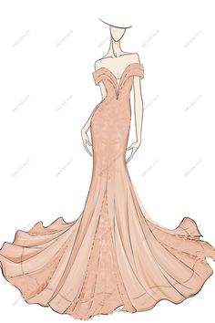 Off-shoulder Plunging Dusty Pink Custom Wedding Dress Sketch