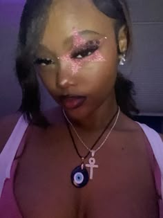 Star makeup glitter pink y2k pink punk black girl makeup black girl alt makeup glitter pink Star Makeup Stamp, Makeup Ideas Rave, Makeup Looks To Do When Bored, Makeup Ideas Extra, Star Makeup Black Women, Red Star Eye Makeup, Rolling Loud Makeup, Pink Out Makeup Football Game, Majestic Makeup Looks