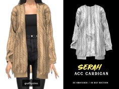 an image of a woman wearing a cardigan sweater and black leggings with the words serh acc cardigan on it