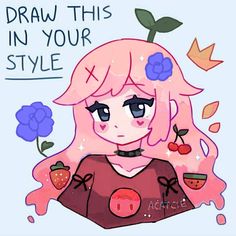 a drawing of a girl with pink hair and blue flowers on her head, holding a strawberry