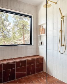 a bath room with a window and a shower head mounted to the side of a wall