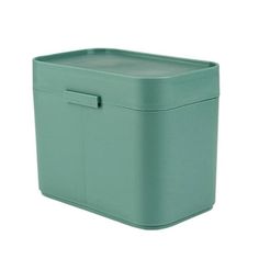 a green storage box with handles on the top and bottom, sitting in front of a white background