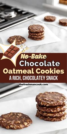 no - bake chocolate oatmeal cookies are stacked on top of each other