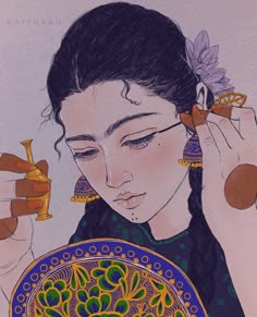 a drawing of a woman holding a plate and looking down at her ear with an ornate design on it