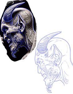 two drawings of an alien head and a demon's head, one in blue ink