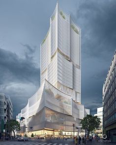 an artist's rendering of a tall building in the middle of a city