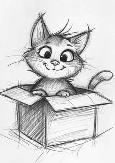 a pencil drawing of a cat sitting on top of a box with eyes wide open