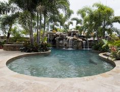 an outdoor pool with waterfall and palm trees