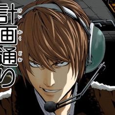 an anime character with headphones on his ears and wearing a headset in front of him