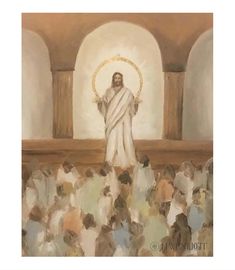 a painting of jesus standing in front of a group of people