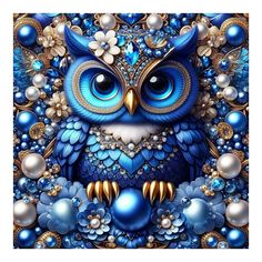 an owl with blue eyes surrounded by flowers and pearls