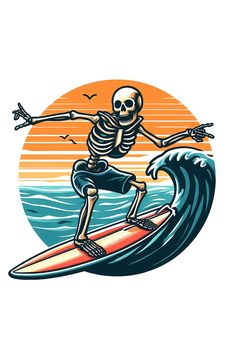 a skeleton riding a surfboard on top of a wave