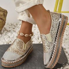 Category:Slip-Ons,Sneakers,Canvas Shoes; Upper Materials:Sparkling Glitter; Embellishment:Embroidery,Crystal,Sequin,Sparkling Glitter; Season:Summer,Fall; Heel Type:Flat Heel; Gender:Women's; Size Suggestion:select one size larger than usual; Activity:Running,Tennis Shoes; Platform Height:1.18; Toe Shape:Round Toe; Style:Preppy,Casual; Heel Height(inch):2-3; Outsole Materials:Rubber; Occasion:Daily,Outdoor; Closure Type:Lace-up; Pattern:Solid Color,Color Block; Listing Date:07/02/2023; Production mode:Self-produce; 2024 Trends:Plus Size,Platform Sneakers,Platform Loafers; Foot Length:; Foot Width:; SizeChart1_ID:2:184315; Size chart date source:Provided by Supplier.; Heel Height:Low Heel Sequin Flats, Women's Slip Ons, Sequin Decor, Loafers Online, Platform Loafers, Glitter Shoes, Sneakers Online, Spring Shoes, Womens Clothing Sizes