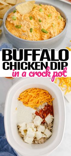 buffalo chicken dip in a crock pot with text overlay that reads buffalo chicken dip in a crock pot