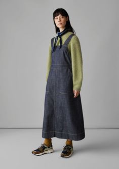 Side Button Denim Pinafore Dress | Indigo Pinafore Dress Outfit, Denim Dress Outfit, Denim Pinafore Dress, Denim Pinafore, Overalls Outfit, Indigo Denim, Apron Dress, Loungewear Women, Pinafore Dress