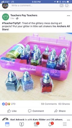 a plastic container filled with lots of different types of glitter