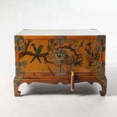 A beautiful Peacock Decorated Low Table or Cabinet. It features doors on both sides with ornate brass hardware. Painted Chest, Beautiful Peacock, Low Table, Low Tables, Brass Hardware, Both Sides, Sea Salt, Early 20th Century, 20th Century