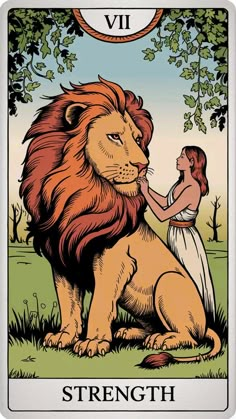 a woman holding the hand of a lion in front of a tree with leaves on it