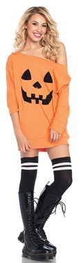 a woman wearing an orange sweater dress with a pumpkin face on the chest and black knee high boots