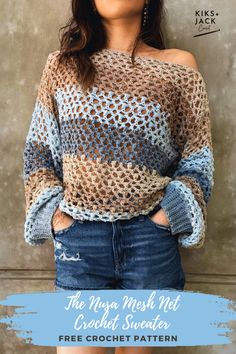 a woman wearing an off the shoulder crochet sweater with her hands in her pockets