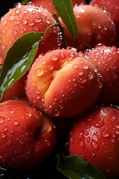 a pile of ripe peaches with water droplets on them