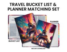 the travel bucket list and planner matching set is shown in front of an image of the eiffel tower