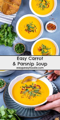 two bowls filled with carrot and parsley soup