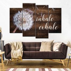 a dandelion with the words inhale above it on a wooden background canvas wall art