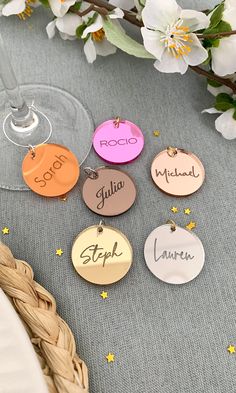 Give your table the WOW factor with these beautiful laser engraved acrylic wine glass charms. Whether it is an intimate party or a wedding, these wine glass charms are a perfect detail to add that special touch to your table decor. The drink markers are made from acrylic and are laser engraved. Send your list of names to engrave them on your charms. Wine Glass charms: 3cm (1 1/4") Total thickness: 3mm (1/8") Have a question? Send us a message! All our products are made on demand with great care and affection. We will send your wine glass charms within the next two working days after we confirm your order. --PLEASE READ-- .- When leaving the message with personalized names please make sure about the spelling, capital letters, small letters. We cannot accept returns, as it is a personalized Wine Charms Wedding, Xtool F1, Intimate Party, Wedding Wine Charms, Drink Markers, Wine Markers, Laser Engraved Acrylic, Italian Theme, Wine Glass Markers