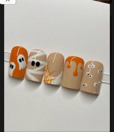 Halloween Nails Paint, Nails Halloween October Short, Black Nails With Pumpkin, Fall Nails Spooky, Gel Nails Ideas Halloween, Spooky Square Nails, Halloween Short Square Nails, Short Fall Nails Trendy, Halloween Nails 2023 Square