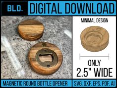 three wooden buttons with metal hardware on them and the text, digital download only 25 % wide