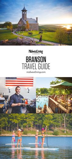 the branon travel guide is shown in three different pictures, including two people on paddle boards