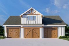 a three car garage with two windows on the front and one above the garage door