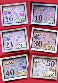 four framed pictures with numbers and hearts in them on a red background, one is for the