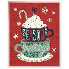 a red background with green and white cups filled with hot chocolate, marshmallows and candy canes