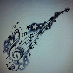 a musical note with stars and music notes on it's side is drawn in black ink