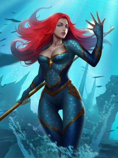 a woman with long red hair is standing in the water and holding a wand,