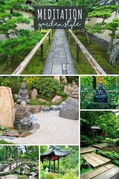 a collage of photos with the words meditation in different languages, including buddha statues and trees