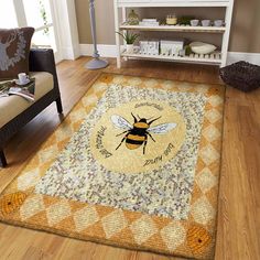 a rug with a bee on it in a living room