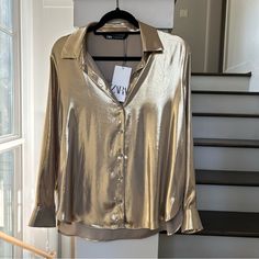 Have You Ever Been More Excited About A Top? This Is Fabulous ! Gold Button Down Shirt With Collar & V-Neck Lapel. This Is The Perfect Top For Any Holiday Event , Birthday Party, Night Out, It’s Absolutely Perfect. And It’s Totally Sold Out!! Gold Top Party Top Button Down Shiny Holiday Celebration Classic V-neck Party Top, Gold V-neck Blouse For Work, V-neck Shirt With Button Closure For Party, Gold Button-up Top For Summer, V-neck Shirt With Button Closure For Night Out, Chic Collared Gold Shirt, Chic Gold Collared Shirt, Gold Summer Top With Button Closure, V-neck Party Shirt With Buttons