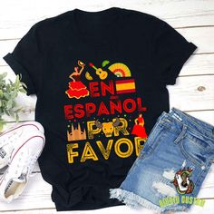 Product details: En Español Por Favor Spanish Teacher T-Shirt, Spanish Teacher Shirt, Teacher Life Shirt, Teacher Shirt, Gift For Teacher ✔️ IMPORTANT NOTE: Both Men and Women can we our shirts because this is unisex style t-shirts;  Wash item inside out in cold water, do not bleach, do not dry clean, do not iron directly on the design. ✔️ MATERIAL: 5.3-ounce, 100% cotton (99/1 cotton/poly (Ash) & 90/10 cotton/poly (Sport Grey); Heavyweight classic unisex tee; Taped neck and shoulders; Tearaway label; Decoration type: Digital Print ✔️ OUR DESIGN PRODUCTS: Each One are designed and sold in limited quantities. The designs are created by our incredibly talented in house graphic art team who often hand draw and illustrate each Tee shirt design. ✔️ SIZE CHART: Please refer the attached size cha Style T Shirts, Spanish Teacher, Tee Shirt Designs, Gift For Teacher, Teacher Tshirts, Teacher Life, Unisex Style, Teacher Shirts, Unisex Fashion