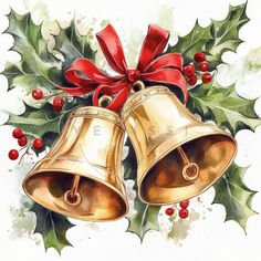 two golden bells with red bows and holly leaves on white background, watercolor painting