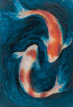 an abstract painting of two orange and white koi fish swimming in the ocean water