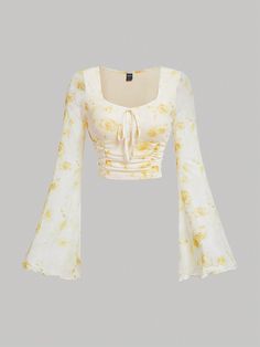 Floral Print Ruffle Hem Bell Sleeve Top Yellow   Long Sleeve Knitted Fabric Floral  Medium Stretch  Women Clothing, size features are:Bust: ,Length: ,Sleeve Length: Cute Dress Outfits, Casual Preppy Outfits, Simple Trendy Outfits, Cute Simple Outfits, Teen Fashion Outfits, Outfits For Teens, Simple Outfits