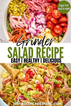 two pictures with different salads in them and the words, grinder salad recipe easy healthy delicious